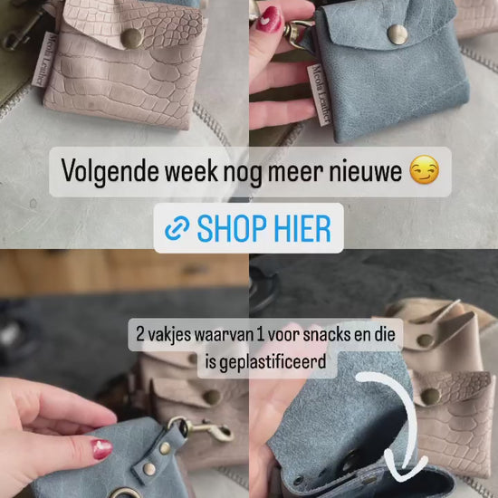 hoe zien de snackbags uitlaattasjes van leer eruit? met zeilring voor poepzakjes en vakje voor snacks