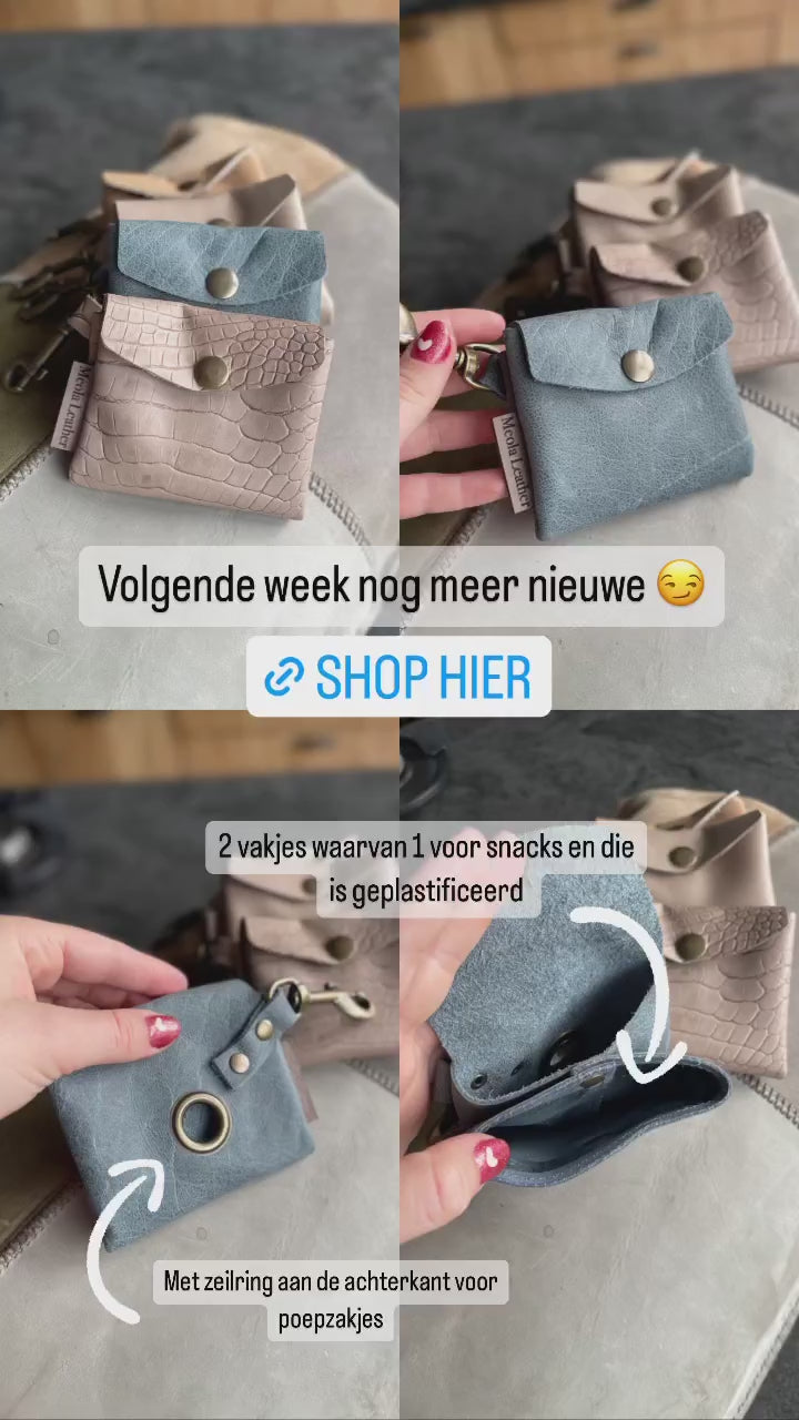 hoe zien de snackbags uitlaattasjes van leer eruit? met zeilring voor poepzakjes en vakje voor snacks